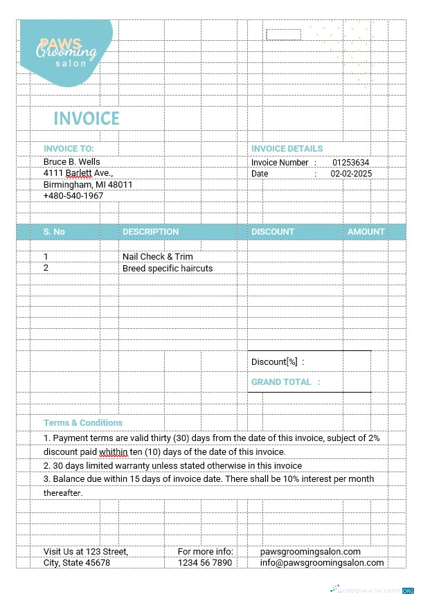 Download Pet Grooming Invoice Template Photoshop template